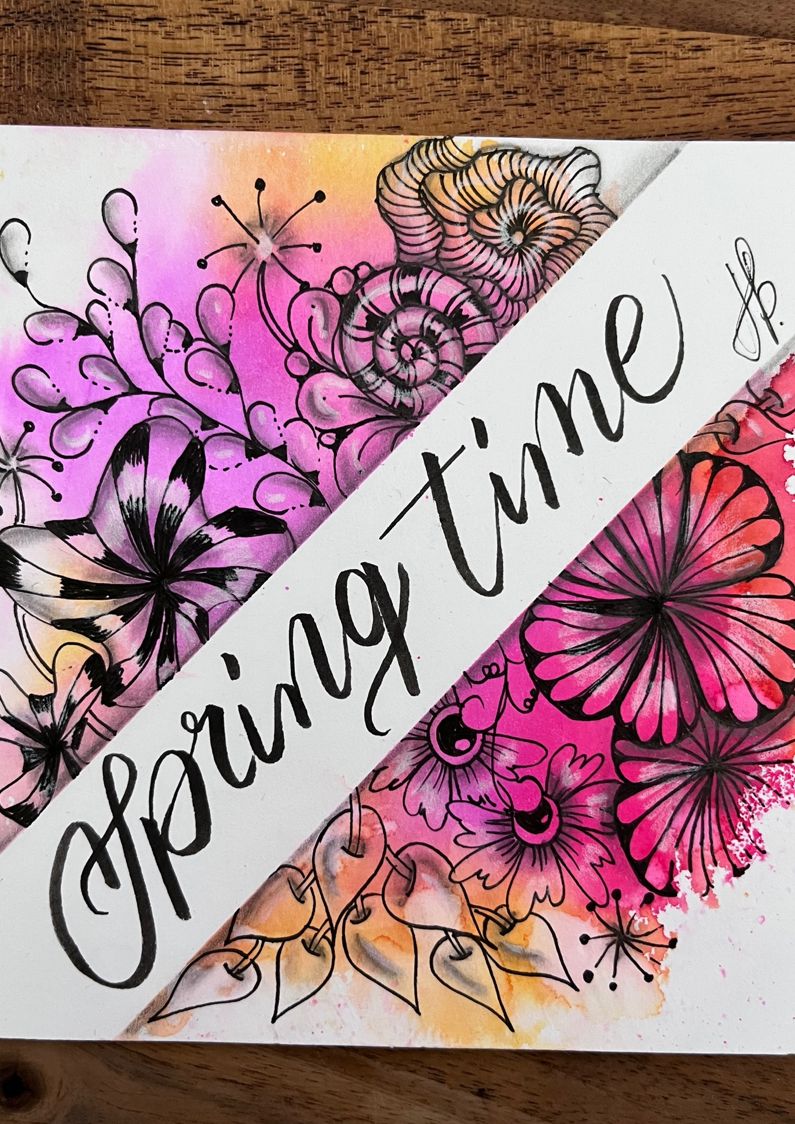 zu sehen ist ein coloriertes Zentangle-Bild mit dem Schriftzug Spring time